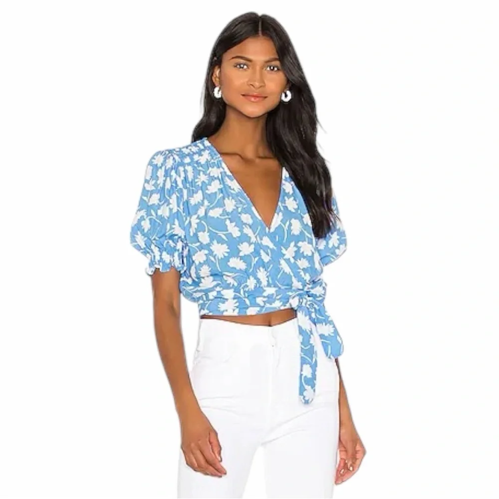 Faithfull the Brand Blue and White Floral Wrap Crop Blouse